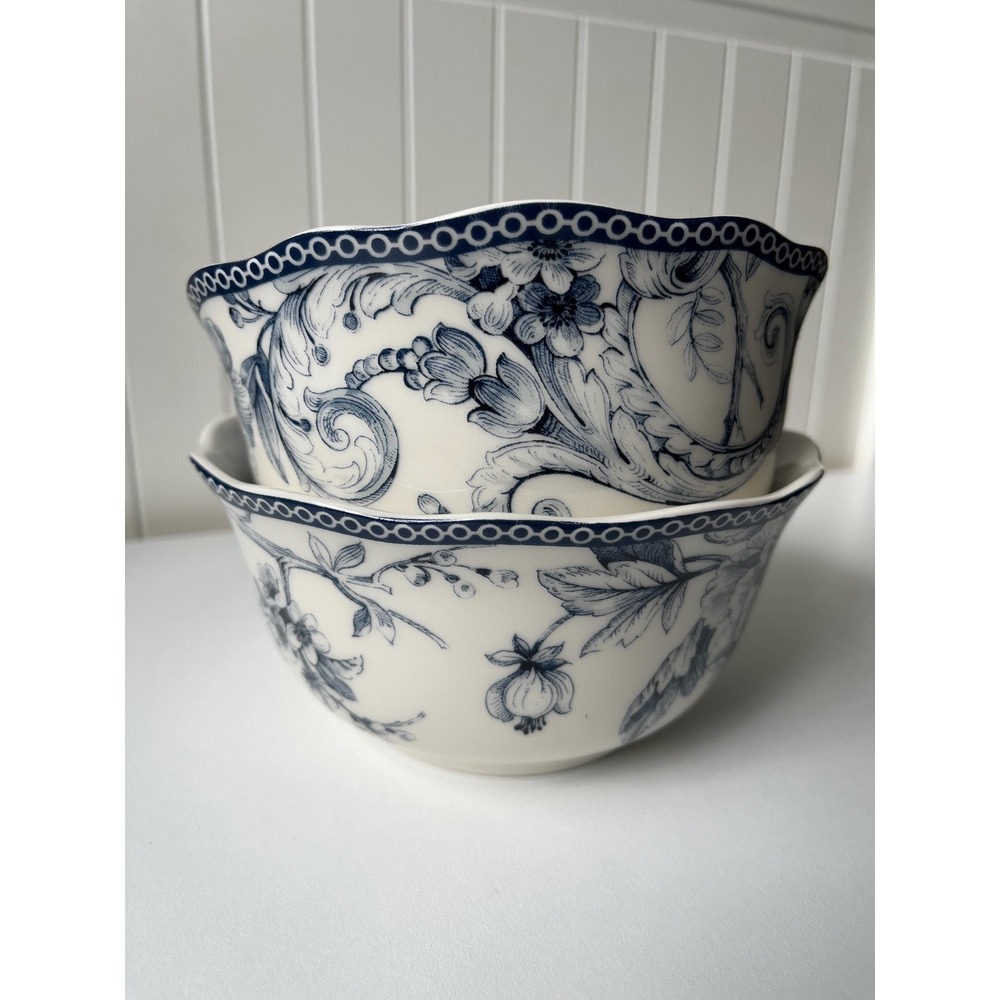 222 Fifth Adelaide Blue Floral Bird Soup Bowls 6" Scalloped Set of 2 Porcelain